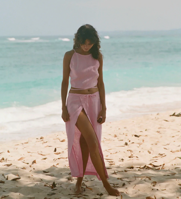 Sea Pink Linen Wrap Skirt